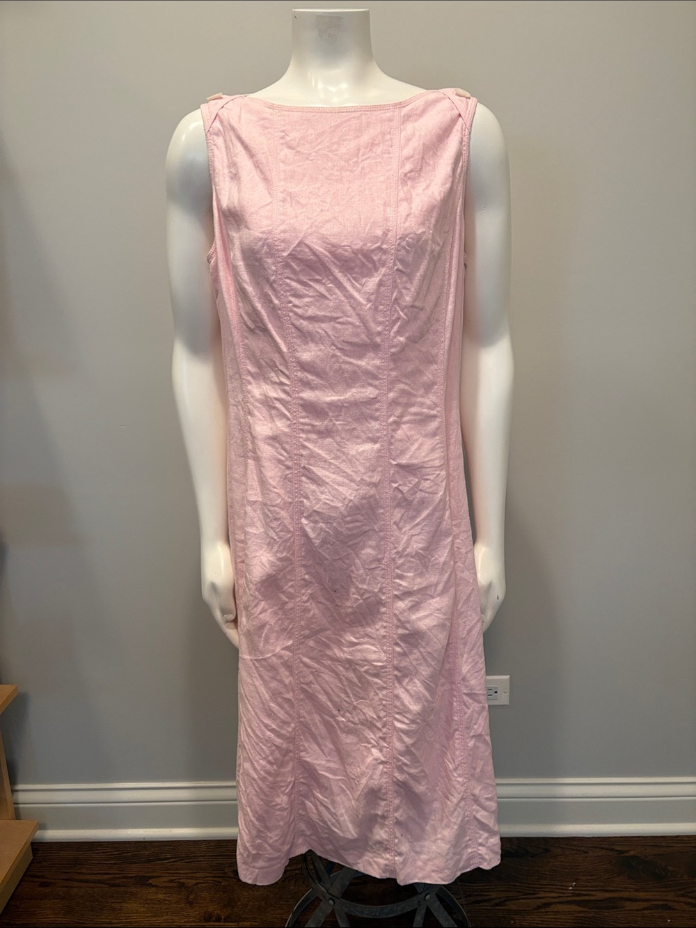 Anne Klein Pink 100% Linen Lined Sleeveless Midi Dress Vintage 1980s